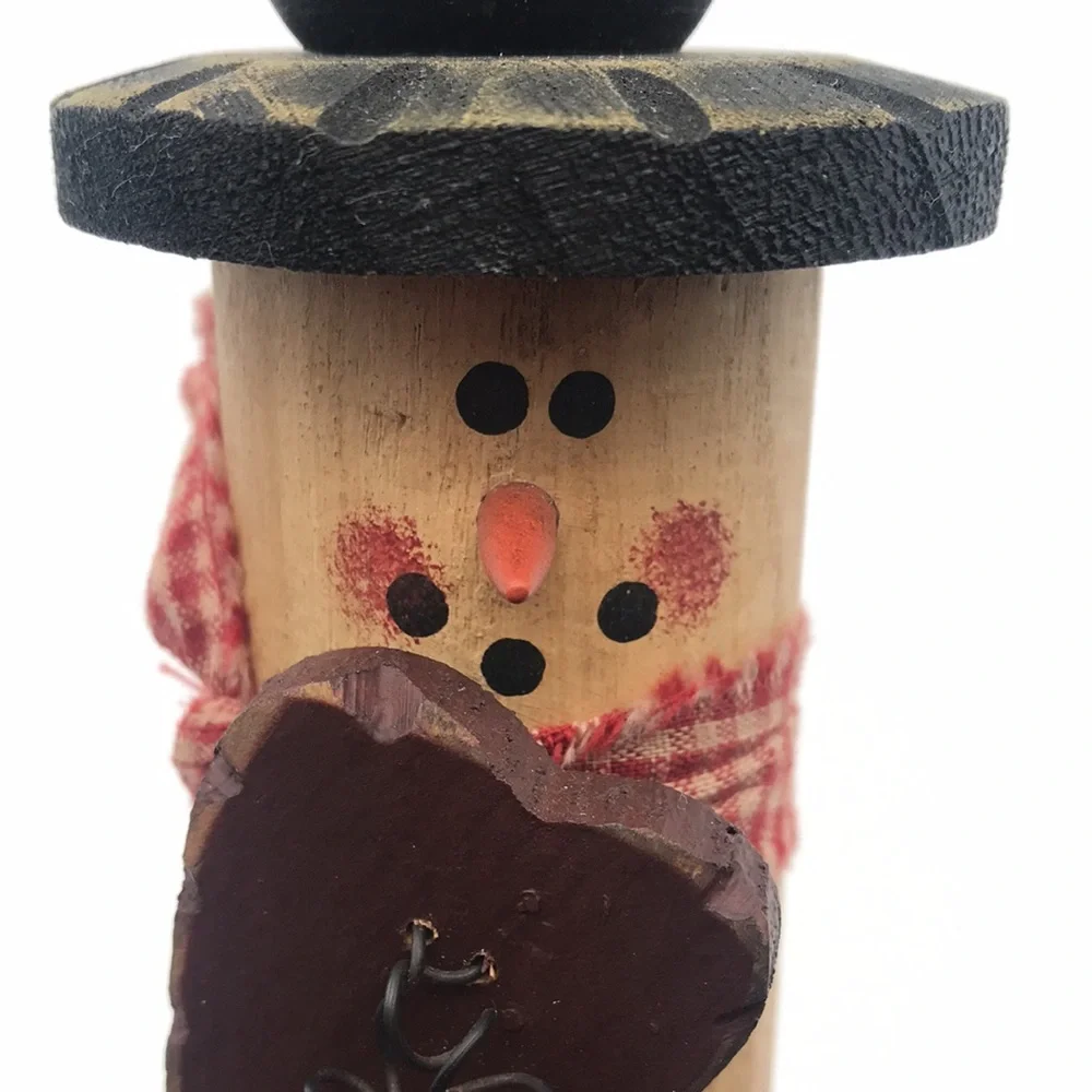 Wood Handcrafted‎ Rustic Folk Art Snowman Candle Holder w/ Heart & Plaid Scarf